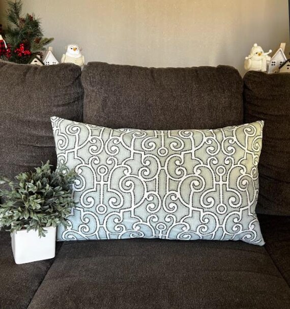 Pillow Cover Lumbar Pale Powder Light Alice Blue with White Snow Pearl Paisley, 16x28 inches, Outdoor and Indoor