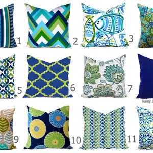 Outdoor Pillows or Indoor Pillow Covers Custom 18x18, 20x20 All sizes - Bright Green, Lime Royal Blue, Aqua Turquoise with White