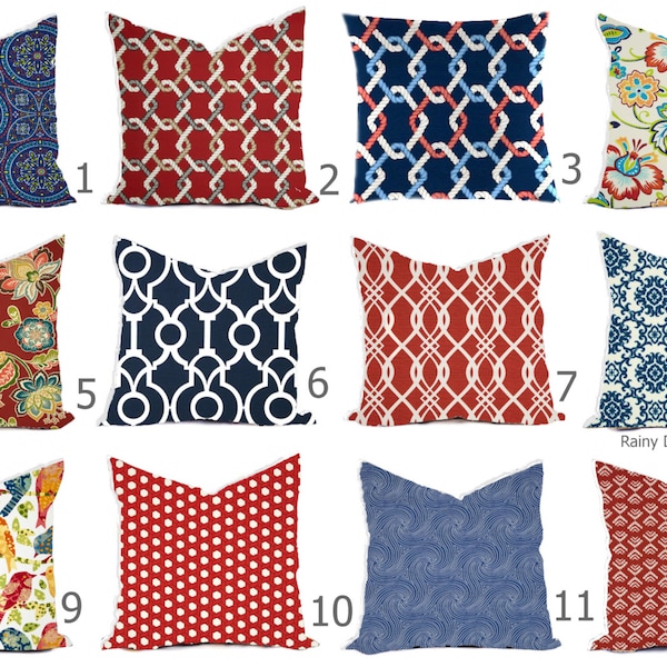 Outdoor Pillows or Indoor Custom Cover - Navy Blue Red Nautical Modern Geometric Tribal Quatrefoil Ikat 18x18, 16x16