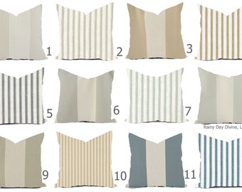 Custom Pillow Covers - Farmhouse Cottage Stripe Ticking Natural Linen Throw Pillows - Decorative Accent Pillows 16x16 18x18 Blue Gray