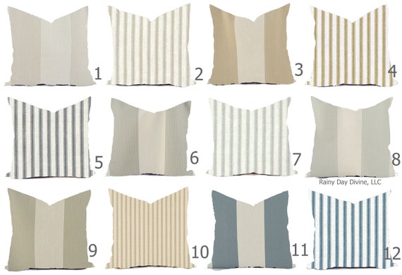 Custom Pillow Covers - Farmhouse Cottage Stripe Ticking Natural Linen Throw Pillows - Decorative Accent Pillows 16x16 18x18 Blue Gray
