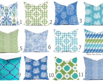 Peut inclure: Douze motifs de coussins différents présentant divers motifs géométriques et couleurs, notamment bleu, vert et blanc. Les coussins sont disposés en grille. Rainy Day Divine, LLC est imprimé en bas de l'image.