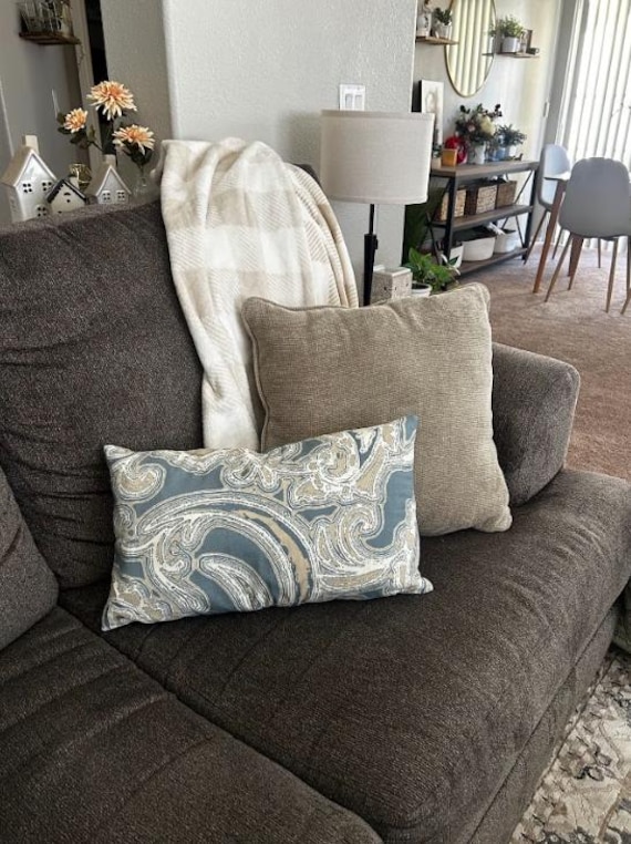 Pillow Cover Teal Blue Gold Yellow White Ivory Paisley, 12x20 inches, Outdoor and Indoor