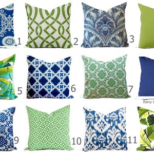 Outdoor Indoor Pillow Custom Cover Navy Blue Green Lime Ivory multiple pillows sizes 18 x 18, 16x16, 20x20 image 1