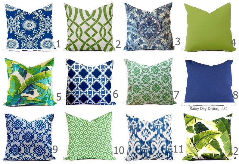 Outdoor Indoor Pillow Custom Cover Navy Blue Green Lime Ivory multiple pillows sizes 18 x 18, 16x16, 20x20 image 1