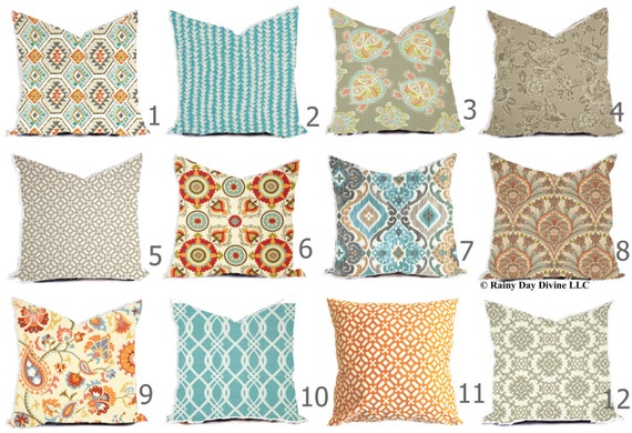 Outdoor Pillows or Indoor Custom Cover -  Blue Aqua Dusty Orange Tangerine Taupe Grey Ivory - 16x16, 18x18 Modern Geometric Ikat Tribal