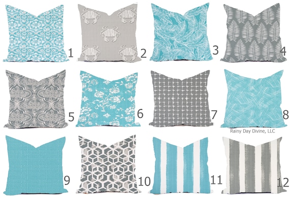 Outdoor Pillows Indoor Custom Cover size include 16x16, 18x18 - Aqua Turquoise Gray Modern Geometric Block Print Quatrefoil Tribal