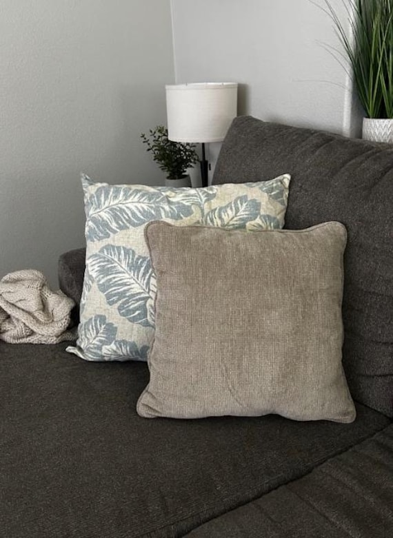 Pillow Cover Baby Blue Sky Leaf Palm  White Snow Woven Beige, 18x18 OR 22x22 inches, Outdoor and Indoor