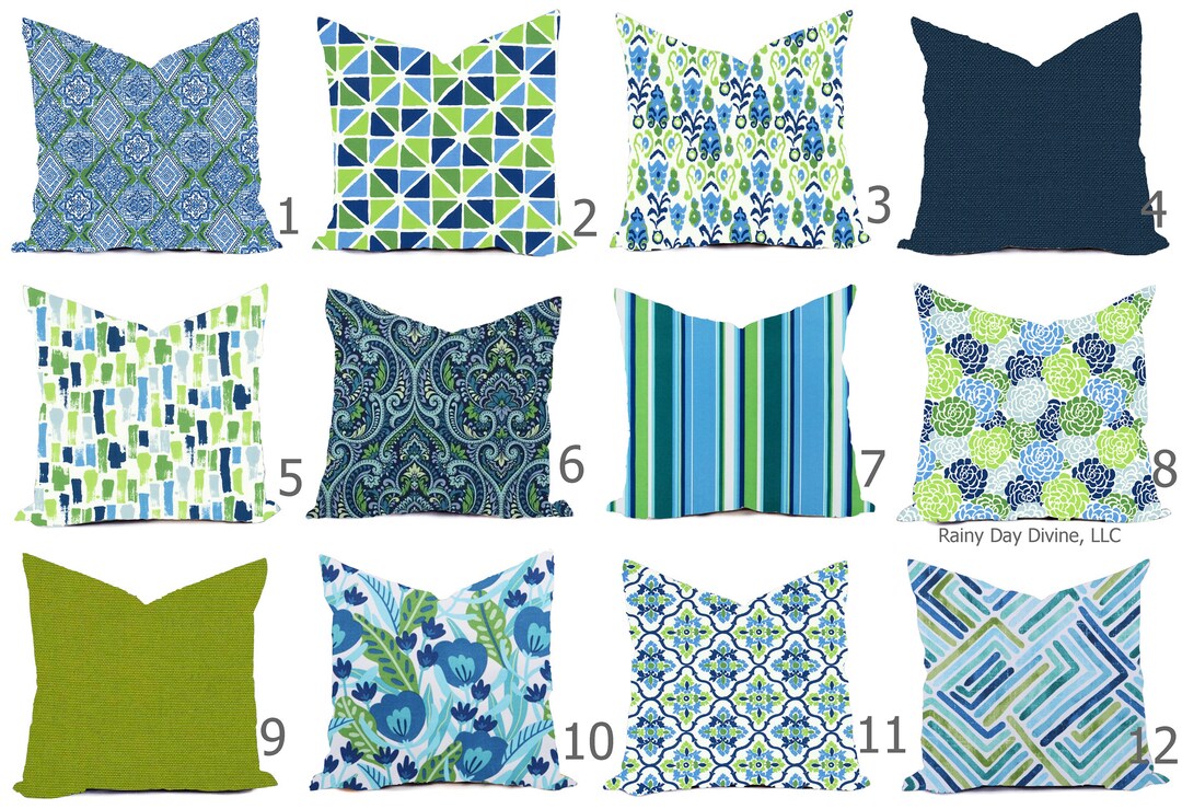 Outdoor Pillows or Indoor Custom Cover Green Palm Citrus Blue Navy