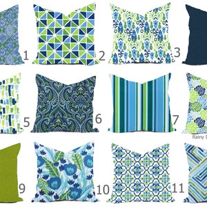May include: Twelve different pillow covers with various blue, green, and white patterns. The pillow covers are arranged in a grid of four rows and three columns. The pillow covers are all the same size and shape. The pillow covers are all made of fabric. The pillow covers are all for sale. Rainy Day Divine, LLC.