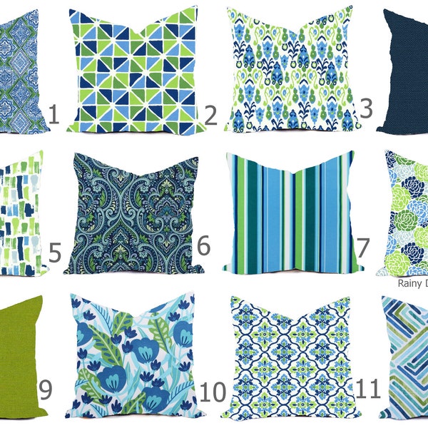 Outdoor Pillows or Indoor Custom Cover - Green Palm Citrus Blue Navy Cornflower Pool Designer Modern multiple sizes 18 x 18, 16x16, 20x20