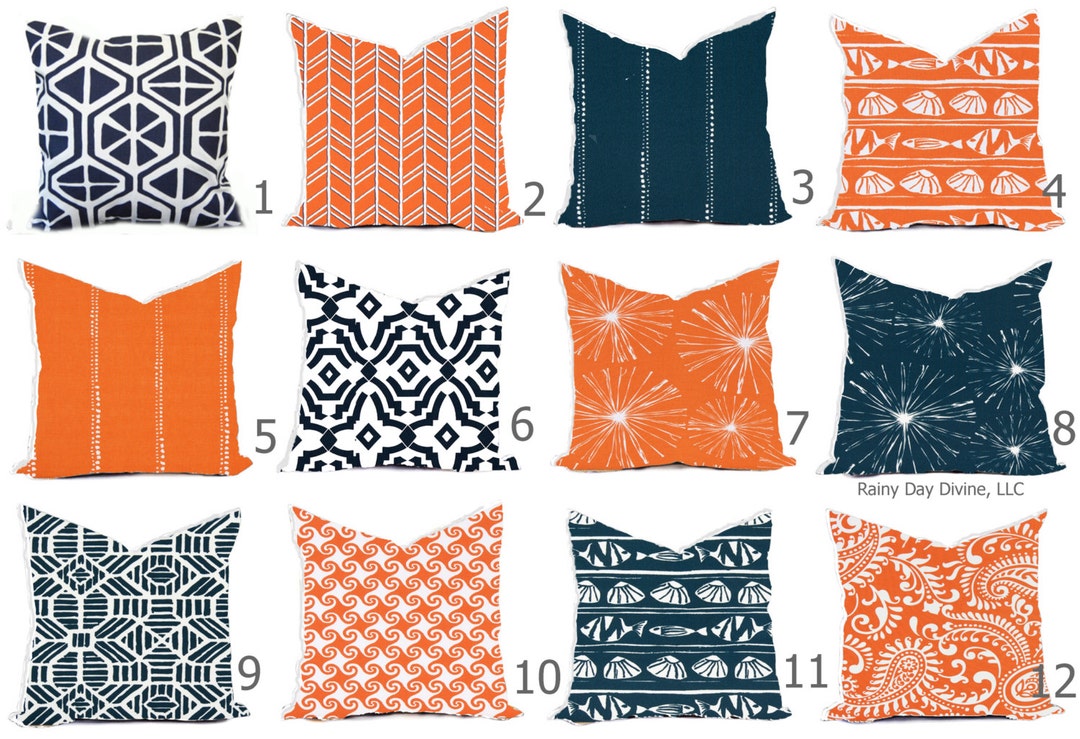 Pillow Pillows Outdoor or Indoor Custom Cover Navy Blue Tangerine