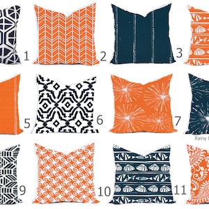 Pillow Pillows Outdoor or Indoor Custom Cover Navy Blue Tangerine Orange White Modern Geo Nautical Coastal 16x16, 18x18 image 1