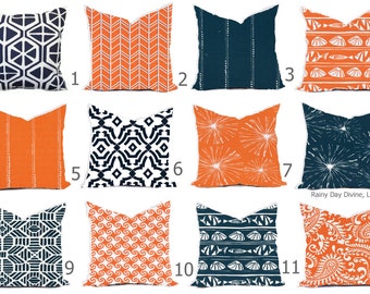 Pillow Pillows Outdoor or Indoor Custom Cover - Navy Blue Tangerine Orange White Modern Geo Nautical Coastal - 16x16, 18x18