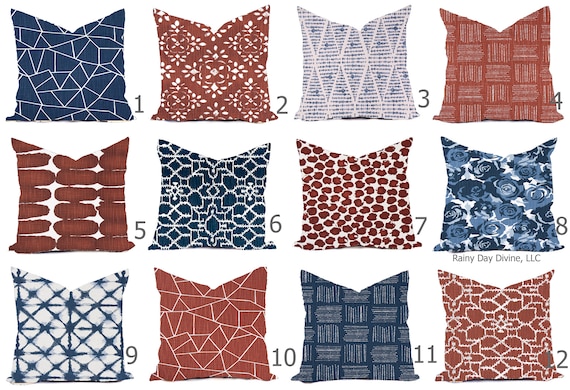 Pillow Covers Custom -Blue Denim Navy Red Rust Burnt White Geometric Traditional Modern- All sizes 16x16  18x18  Throw Toss Accent Pillow