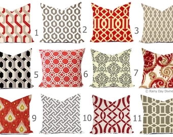Outdoor Pillows or Indoor Custom Cover - Red Grey Gray Taupe - All sizes 16x16 18x18 -Sham Toss Throw Accent Modern Geo Ikat