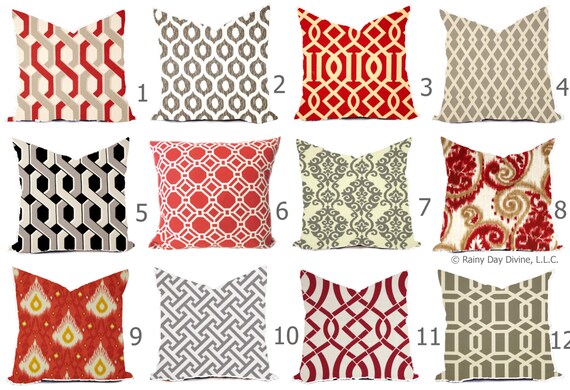 Outdoor Pillows or Indoor Custom Cover - Red Grey Gray Taupe - All sizes 16x16 18x18 -Sham Toss Throw Accent Modern Geo Ikat