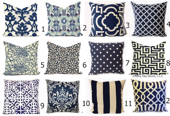 Outdoor Pillows or Indoor Custom Covers - Shades of Navy Blue Ivory Ikat, Modern Patio Throw Accent