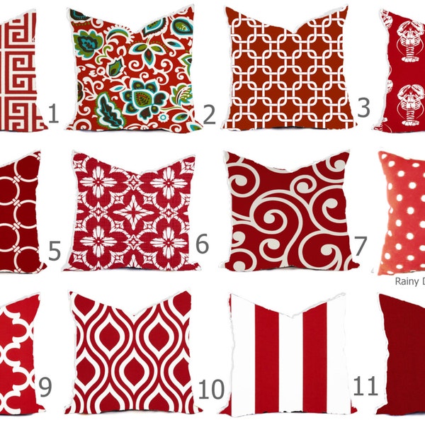 Outdoor Pillows or Indoor Custom Cover -  Red Ruby Rojo White 16x16, 18x18 Modern Geometric Nautical Ocean