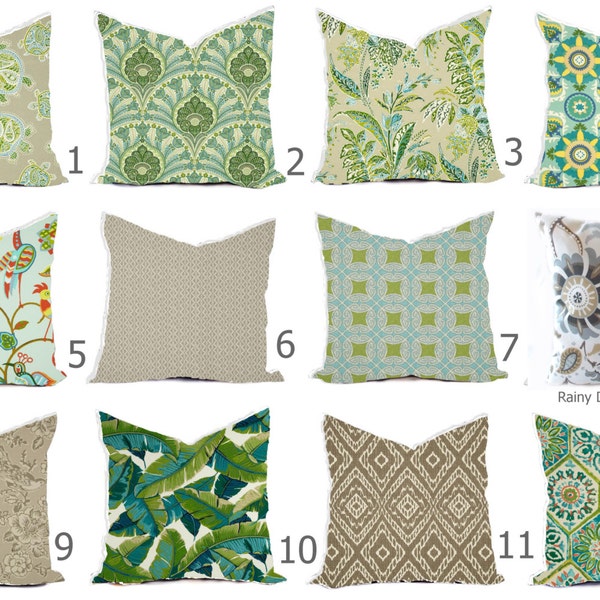 Outdoor Pillows or Indoor Custom Covers 18x18, 20x20 All sizes - Bright Green Kelly Aqua Turquoise Blue Taupe Putty Grey Brown Tan w/ Ivory