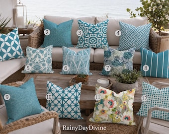 Outdoor Pillows or Indoor Custom Cover - Blue Teal Peacock Deep River Designer Modern multiple sizes 18 x 18, 16x16, 20x20