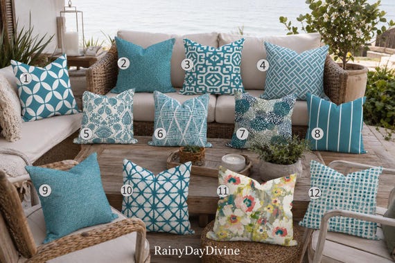 Outdoor Pillows or Indoor Custom Cover - Blue Teal Peacock Deep River Designer Modern multiple sizes 18 x 18, 16x16, 20x20