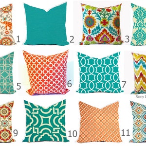 Outdoor Pillows or Indoor Cover Custom - Orange Gold Turquoise Aqua Peacock Teal Ivory - 16x16, 18x18