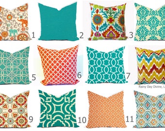 Outdoor Pillows or Indoor Cover Custom - Orange Gold Turquoise Aqua Peacock Teal Ivory - 16x16, 18x18