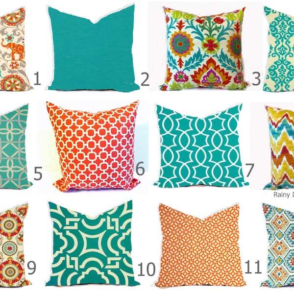 Outdoor Pillows or Indoor Cover Custom - Orange Gold Turquoise Aqua Peacock Teal Ivory - 16x16, 18x18