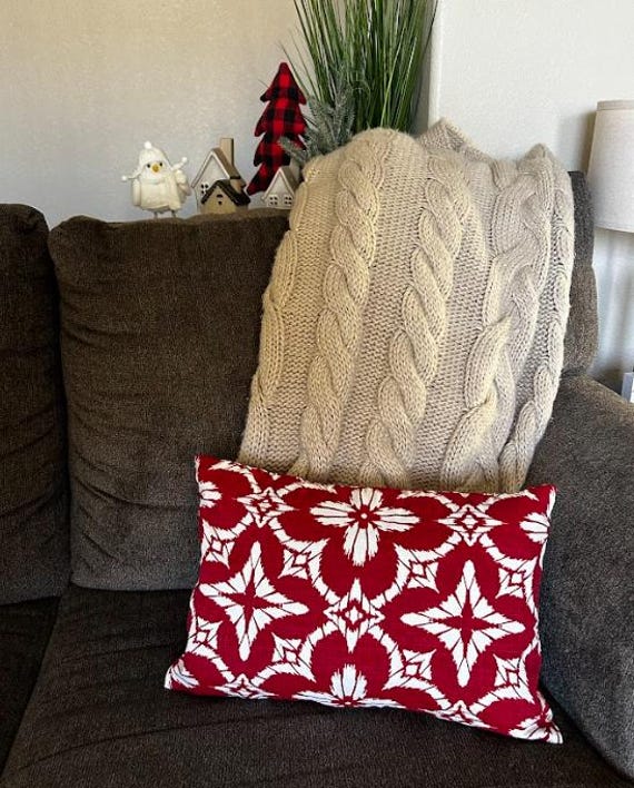 Pillow Cover Lumbar Deep Scarlet Cherry Red with White Ivory Chiffon Holiday Pattern, *12x18 OR 12x20*, Outdoor and Indoor