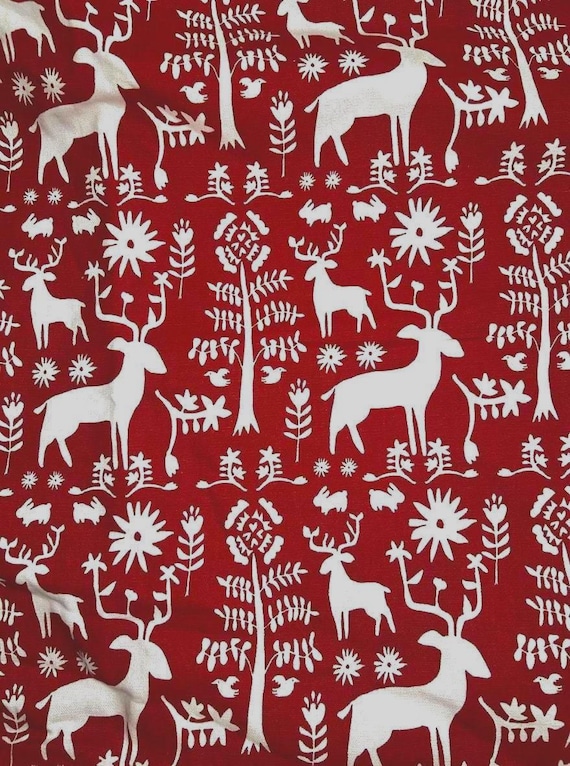 Fabric By the Yard Red Cherry Holiday Christmas Deer Pine Print White Ivory