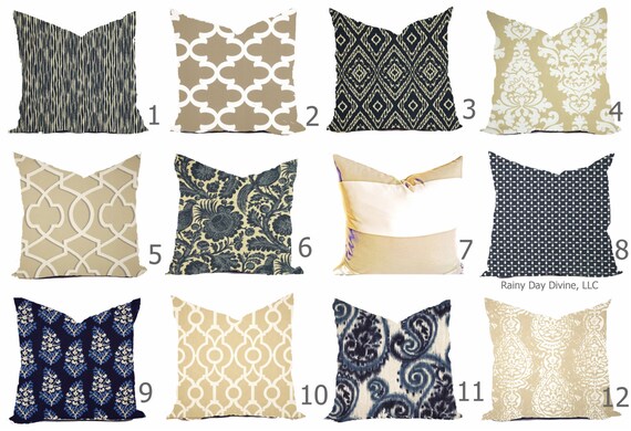 Custom Outdoor Indoor Pillow Cover Sham - Tan Khaki Sand Navy Indigo Blue 16x16 18x18