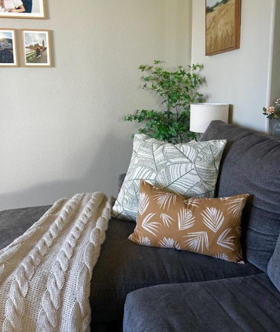 Pillow Cover Lumbar Sepia Latte Wheat Orange Beige Cream with White Ivory Leaf Bohemian Attitude, 12x20 inches, Outdoor and Indoor