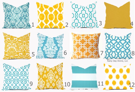 Pillow Cover Throw Accent Pillow - Aqua Turquoise Blue Yellow Modern Lattice Ikat - 16x16, 18x18