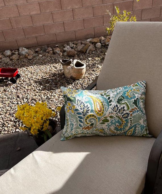 Pillow Cover Lumbar, Paisley Pattern Yellow Sun Lemon Daffodil Green Hunter and Blue Turquoise Aqua, 16x24 inches, Outdoor and Indoor