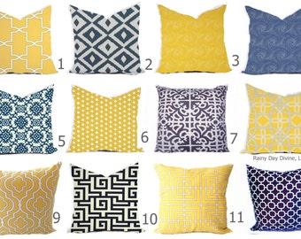 Outdoor Pillows or Indoor Custom Cover - Navy Royal Blue Yellow Gold Sunflower Modern Geometric