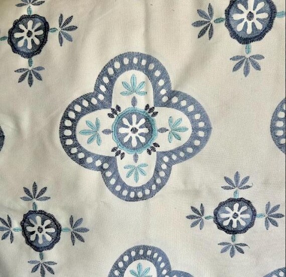 Fabric By the Yard Sky and Navy Blue Medallion on Cream Print