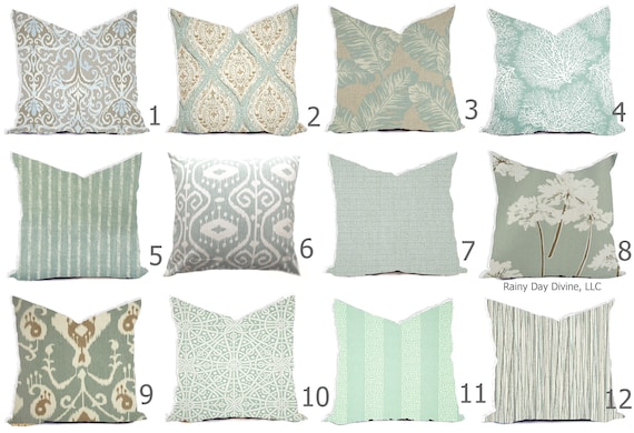 Pillows Custom Cover - Spa Blue Mineral Mist Taupe Ivory Cream Ikat Quatrefoil Coastal Nautical