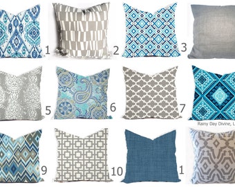 Outdoor Pillows or  Indoor Pillow Custom Cover - Shades of Blue, Royal Blue, Grey Gray White Ikat Lattice Modern All sizes