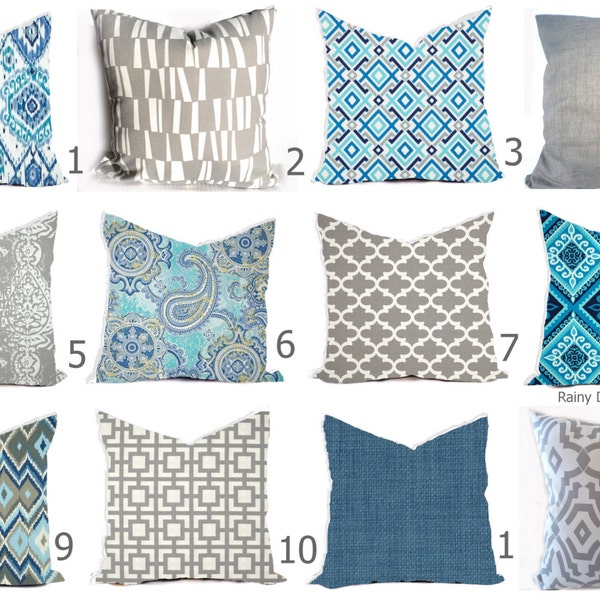 Outdoor Pillows or  Indoor Pillow Custom Cover - Shades of Blue, Royal Blue, Grey Gray White Ikat Lattice Modern All sizes