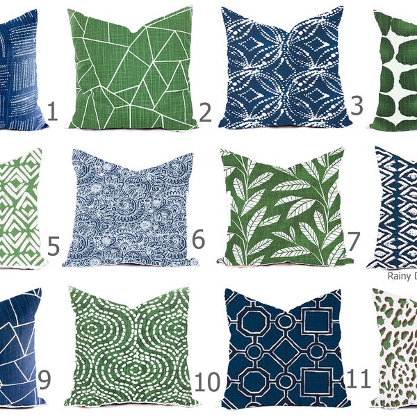 Pillow Covers Custom - Blue Italian Denim Pine Green Kelly White Linen Look Ikat Tribal Modern- All sizes 16x16  18x18  Throw Accent
