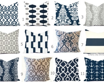 Outdoor Pillows  or Indoor  Custom Cover - Shades of Blue Navy Grey Gray Modern Geometric  18x18, 16x16 all sizes
