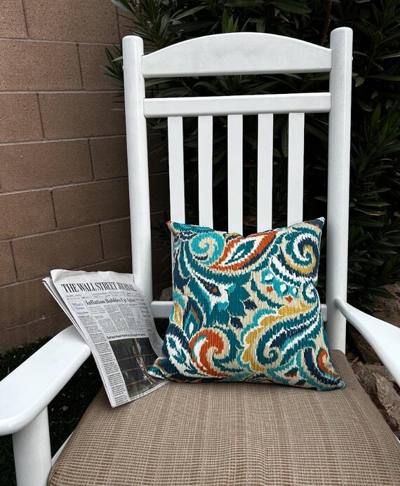 Pillow Cover, Paisley Sun Yellow Turquoise Blue Apricot Orange Navy Blue, 16x16 inches, Outdoor and Indoor