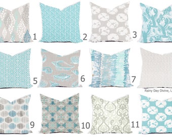 Pillow Covers Custom - French Gray Aqua Turquoise Coastal White GeoTraditional Modern- All sizes 16x16  18x18  Throw Toss Accent Pillow