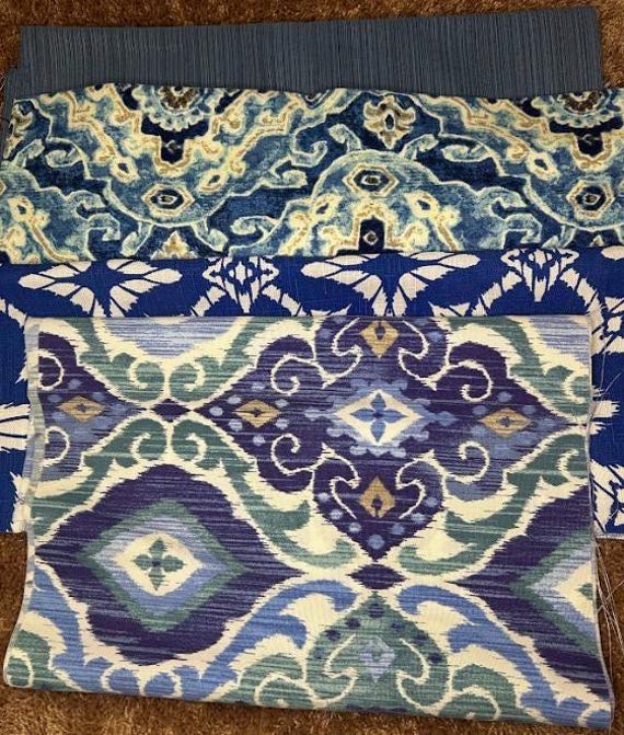 Fabric Scrap Bundle: Royal Blue Teal Aqua Turquoise Slate Grey Gray White Ivory (4 fabrics)