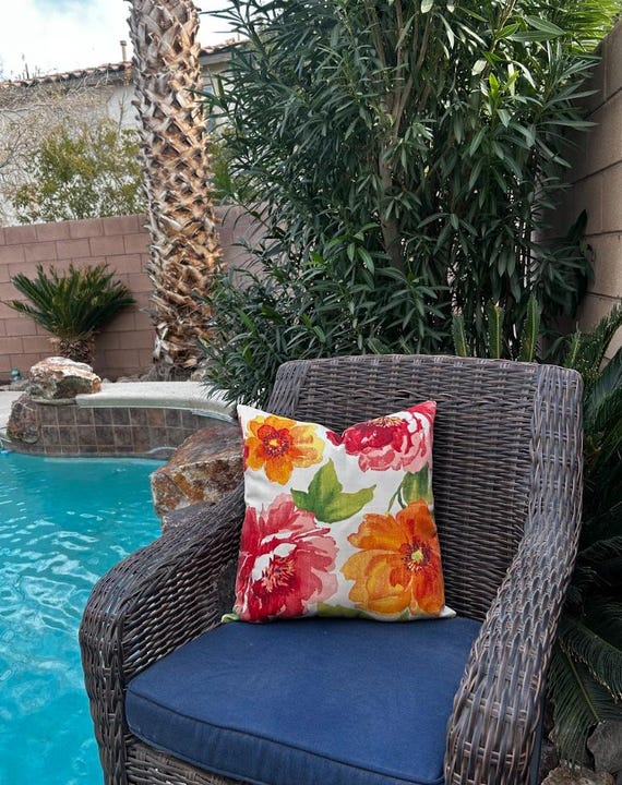 Pillow Cover, Floral Coral Salmon Pink with Persimmon Orange Apricot and Basil Jade Green Leaves,18x18 inches, Outdoor and Indoor