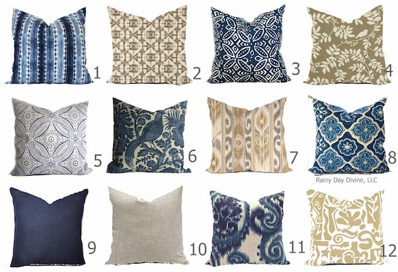 Blue and tan store outdoor pillows