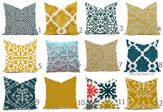 Pillow Cover Throw Accent Pillows Custom  - Plantation Blue Teal Golden Rod Mustard Yellow Gold Modern Lattice Block Print - 16x16, 18x18