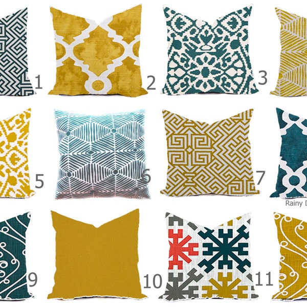 Pillow Cover Throw Accent Pillows Custom  - Plantation Blue Teal Golden Rod Mustard Yellow Gold Modern Lattice Block Print - 16x16, 18x18