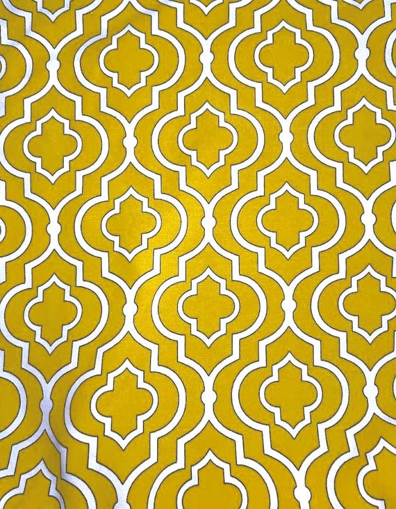 Fabric By the Yard Golden Yellow Quatrefoil White Ivory
